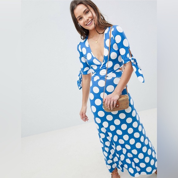 ASOS DESIGN Wrap Front Tea Dress With Bow Sleeve In Polka Dot Size 10 - Picture 4 of 5